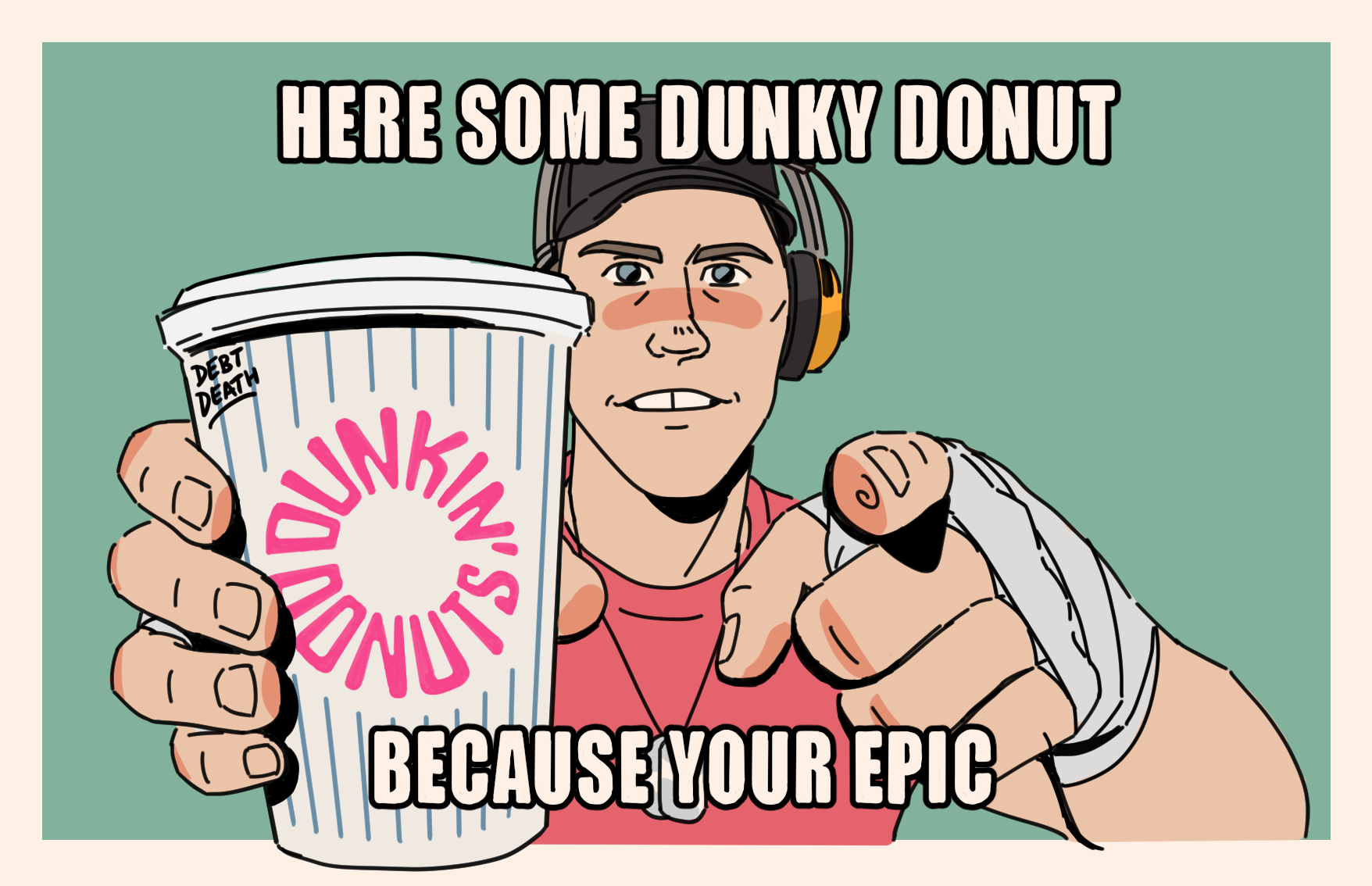 A drawing of Red Scout with a Dunkin' Donuts cup.
