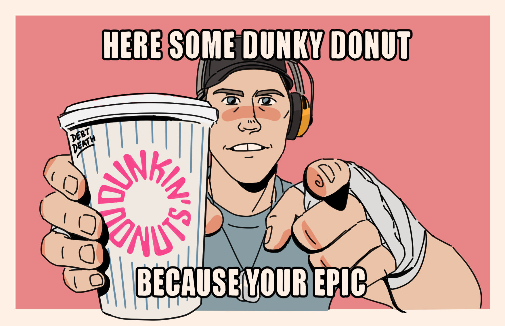 A drawing of Blu Scout with a Dunkin' Donuts cup.