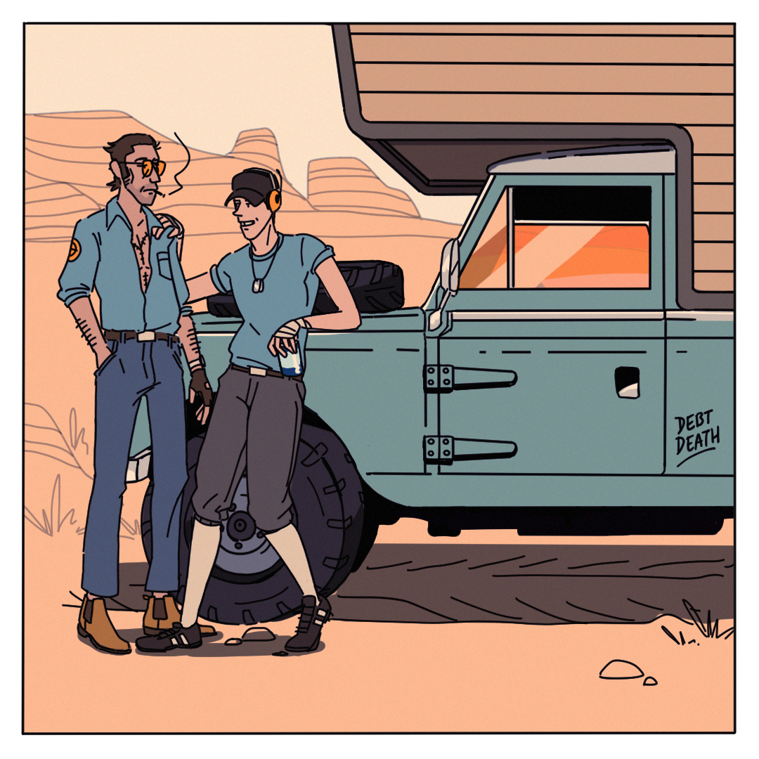 A drawing of Sniper and Scout in the desert next to Sniper's camper van.