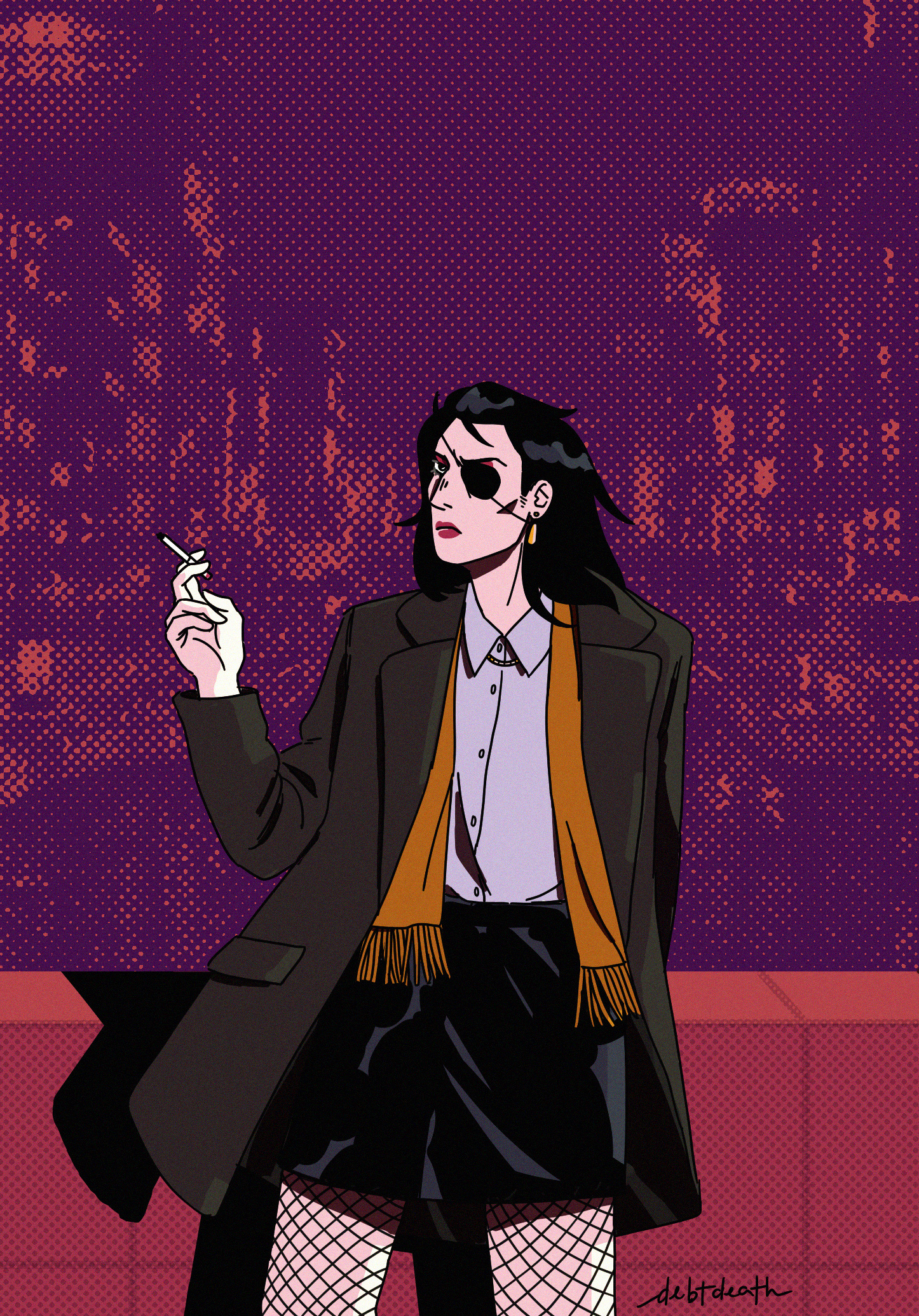 A drawing of Goromi in the 80s, wearing a winter coat and a leather mini-skirt with fishnets.