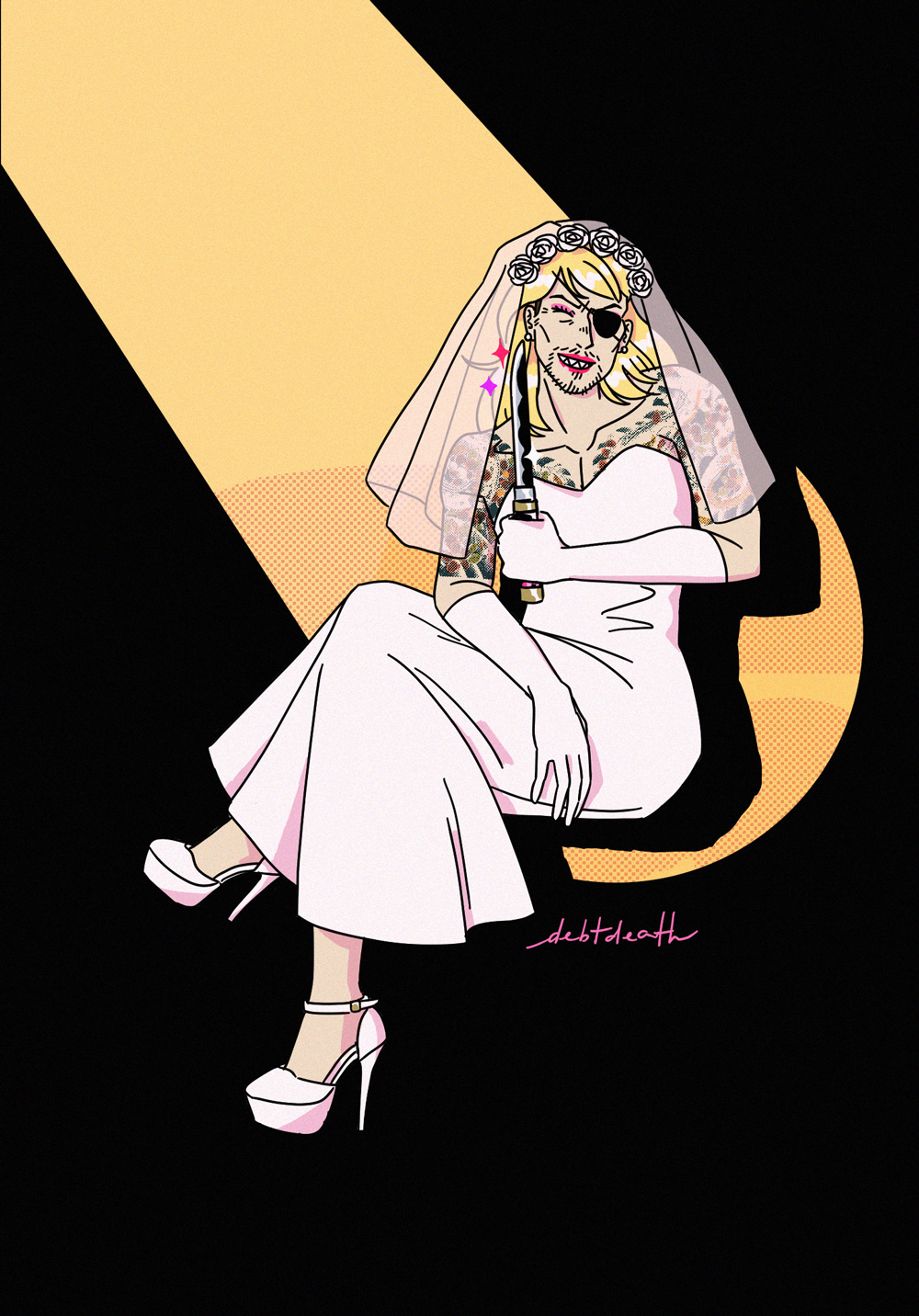 A drawing of Goromi with a slasher smile in a wedding dress holding a tanto.