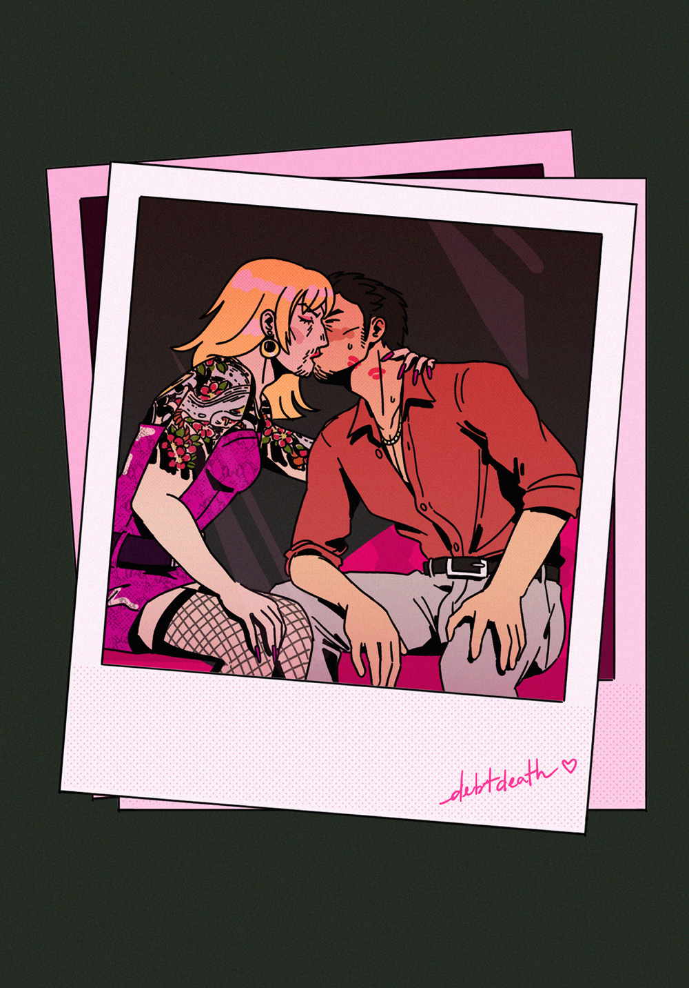 A drawing of Goromi and Kiryu kissing on a Polaroid photo.