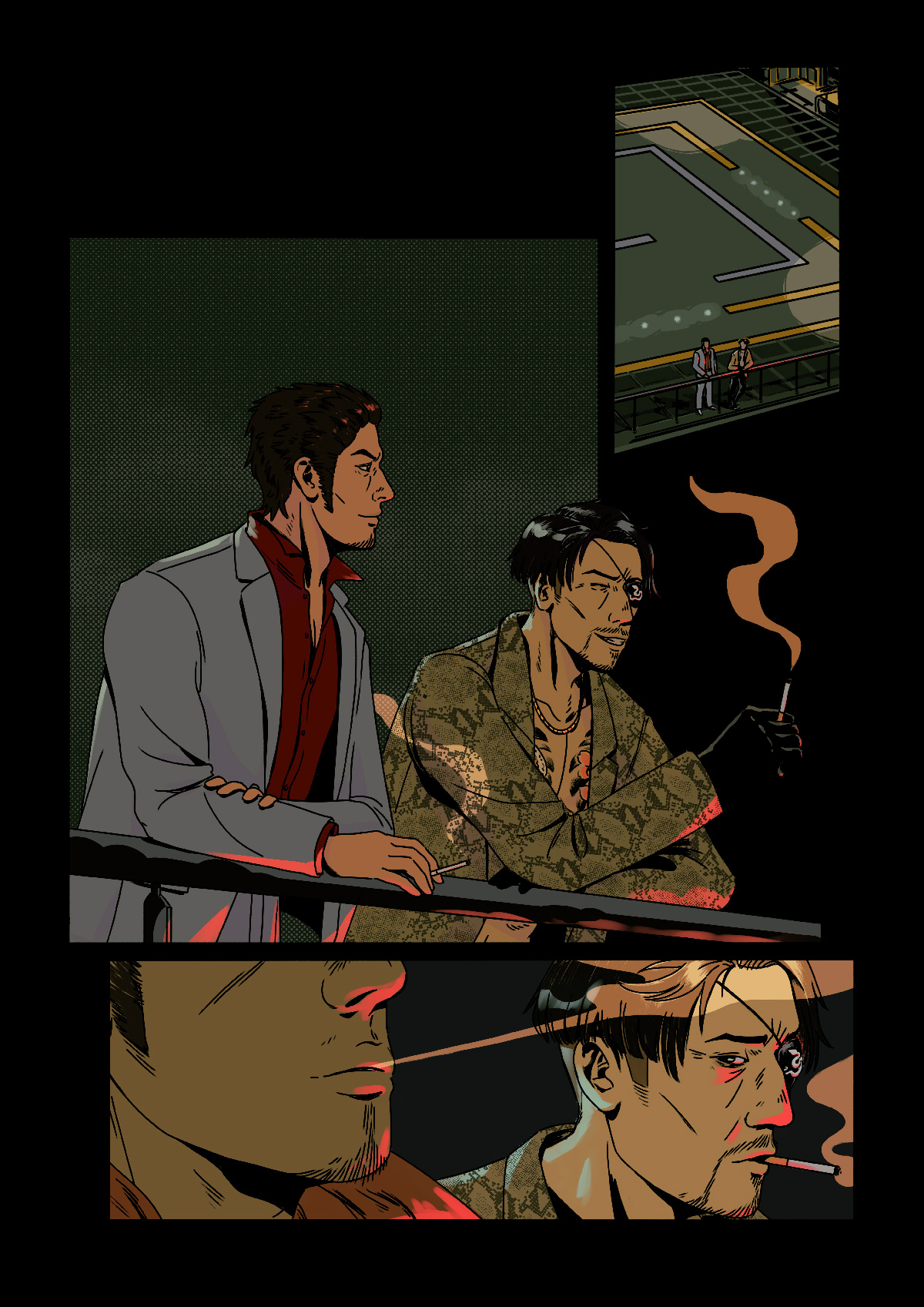 A wordless comic page, with the main panel being of Kazuma Kiryu and Goro Majima laughing on the rooftop of the Millenium Tower, set at the beginning of Yakuza 3. The next panel has Majima bearing a sad expression as he looks at Kiryu who's out of frame.