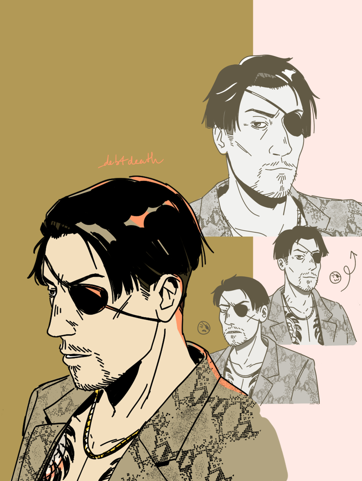 Sketches of Majima with different expressions.