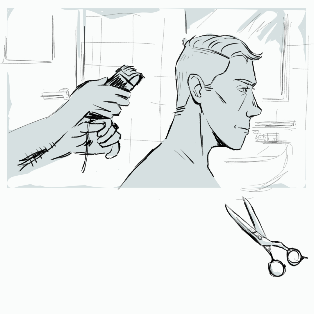 A drawing of Scout getting his undercut re-done.