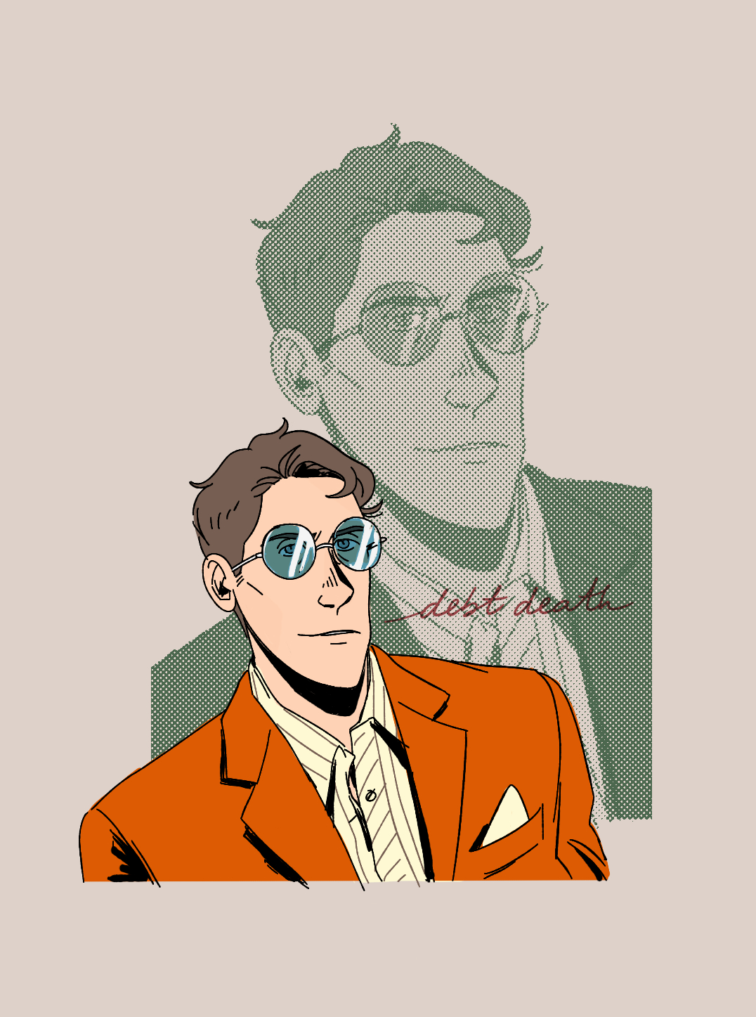 A drawing of Scout in a 70s orange suit wearing round sunglasses.