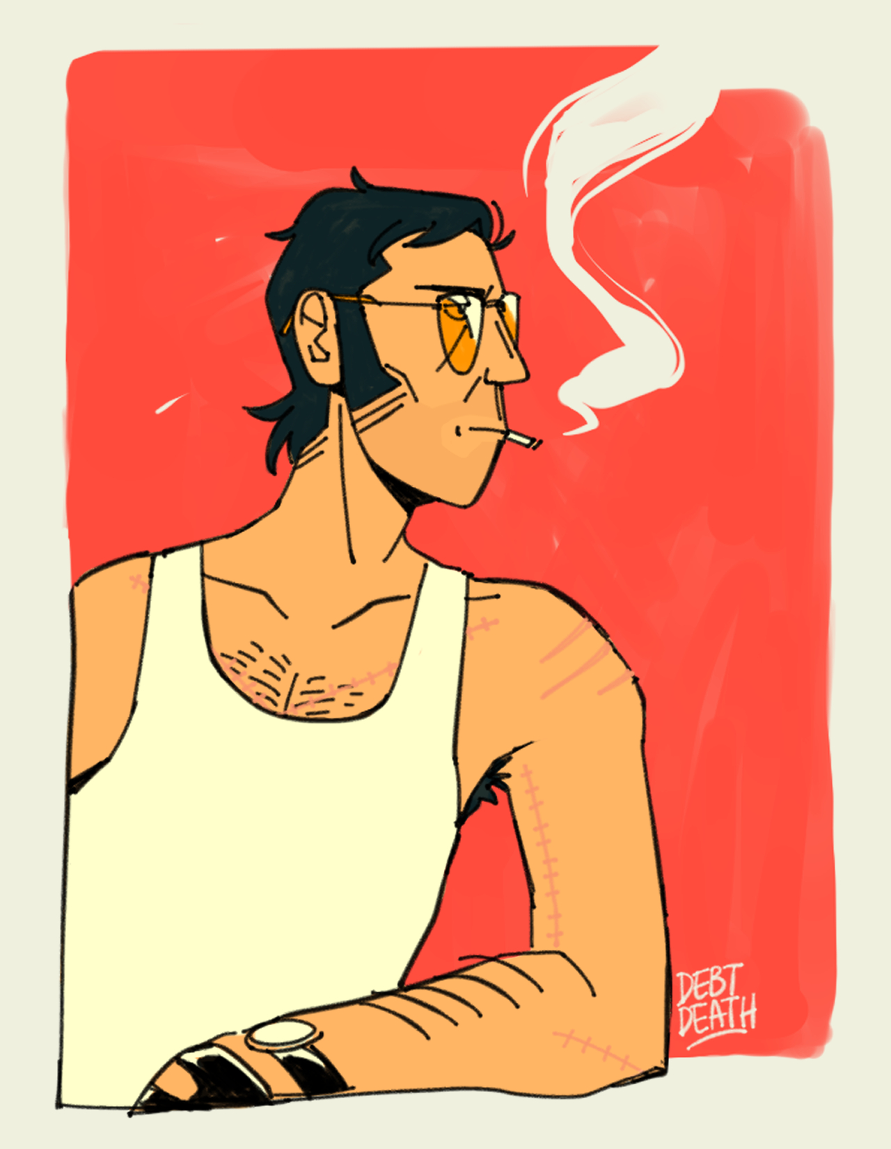A portrait of Sniper wearing a singlet and smoking.