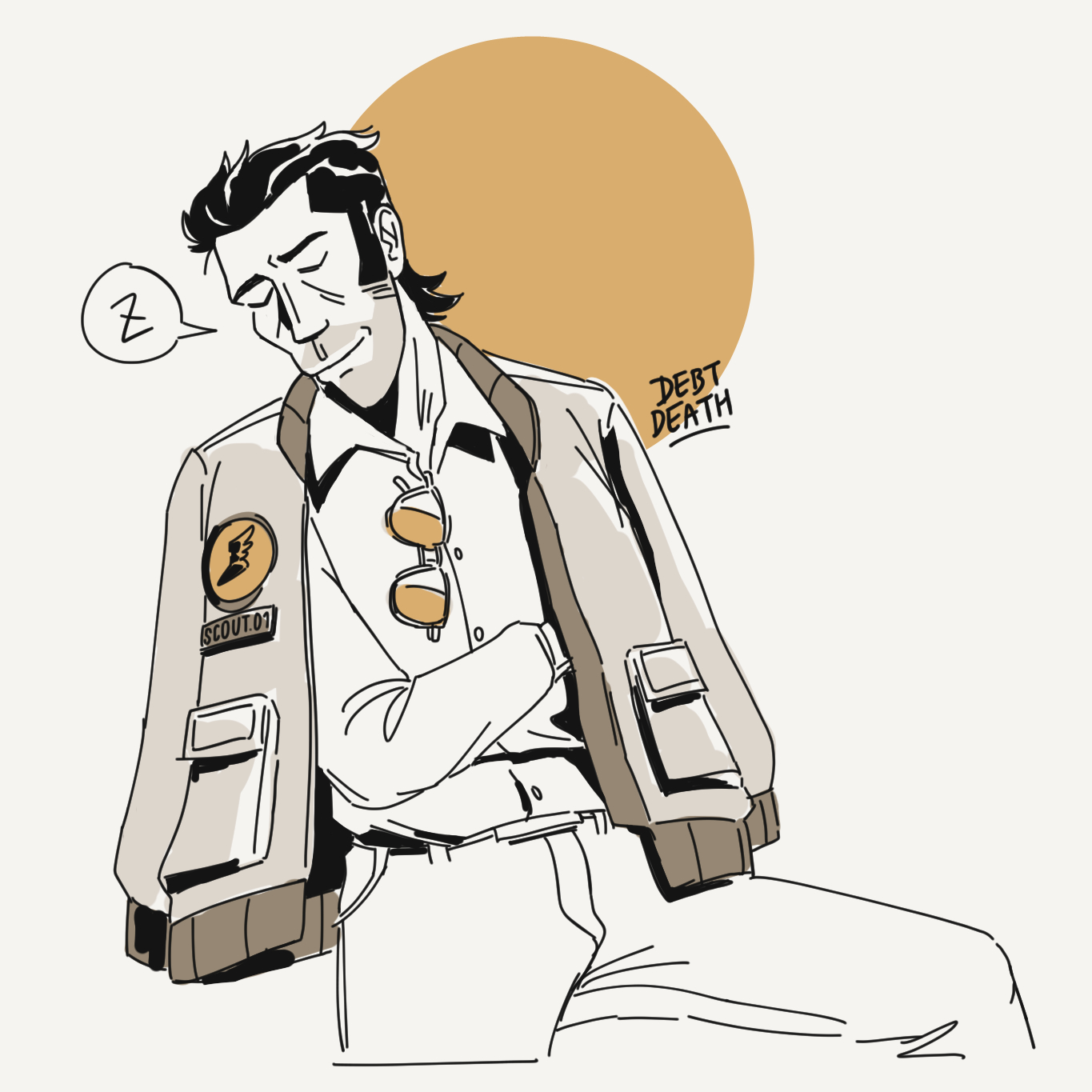 A drawing of Sniper sleeping with Scout's jacket over his shoulders.
