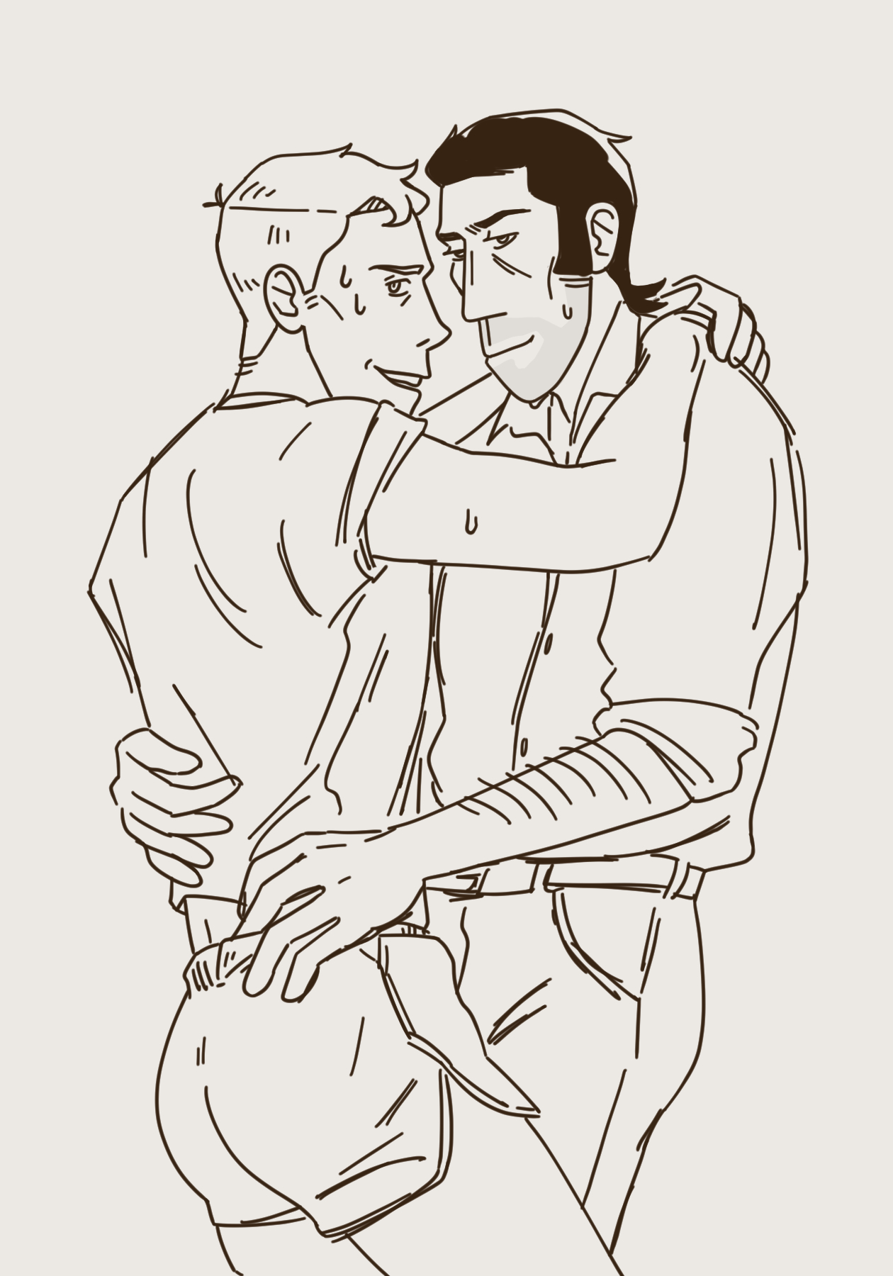 A drawing of Sniper and Scout in each other's arms, sweating.