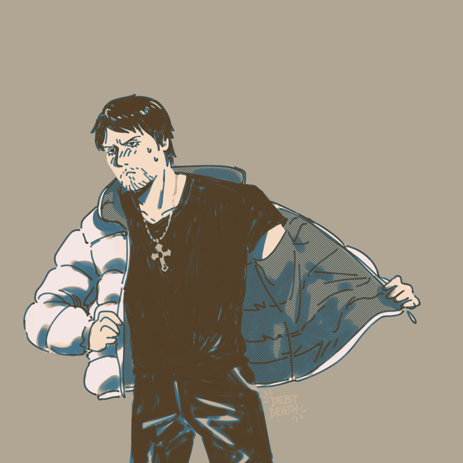 A drawing of Daigo Dojima in his signature white puffer jacket, drunk and grumpy