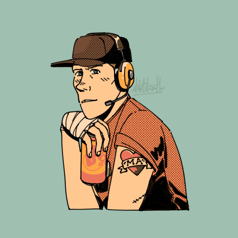 A drawing of Red Scout holding a can of Bonk.