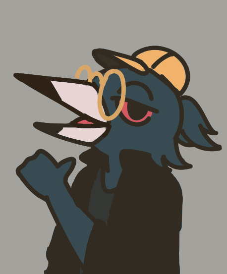 A drawing of my fursona, which is an Australian magpie wearing a yellow baseball cap and glasses.